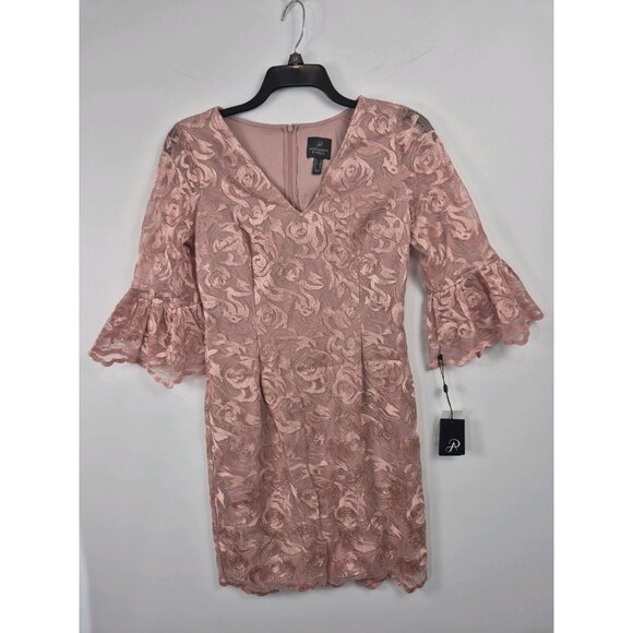 Adrianna Papell Women's Dress Size 10 V-Neck Bell Sleeves Embroidered Pink (63) - Picture 2 of 15